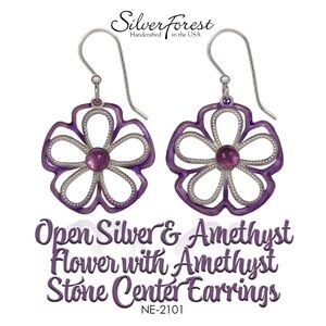 Silver Forest Open Silver & Amethyst Flower with Amethyst Stone Center Earrings